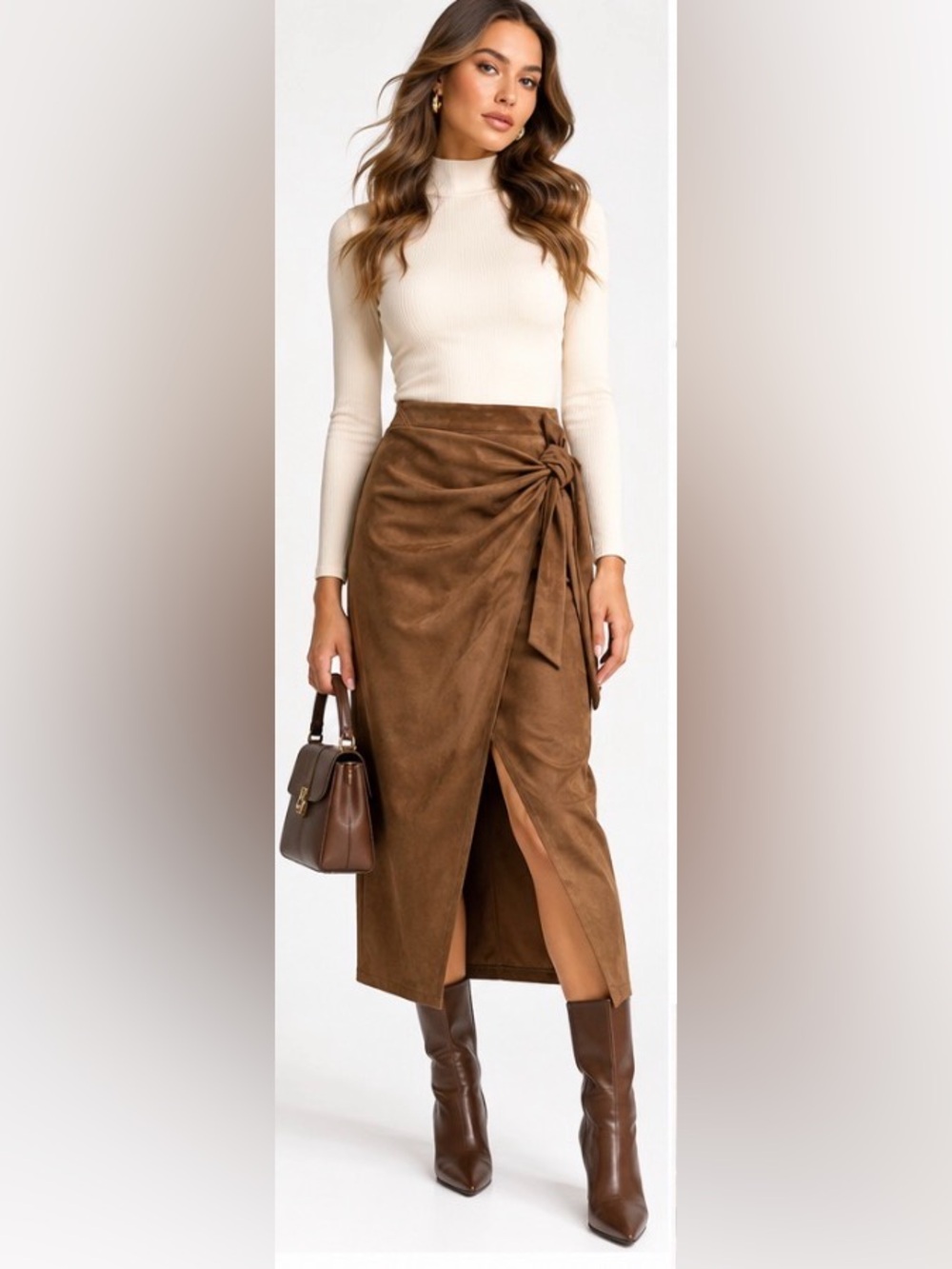 COMMENSE Tie Knot Suede Effect Faux Wrap Midi Skirt Brown Small NWT